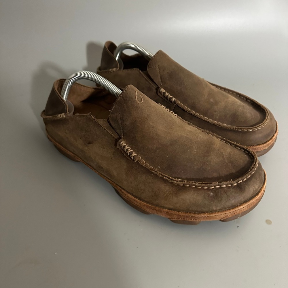 Olukai Moloa Dark Wood Brown Leather Slip On Loafers Mens 10.5 Drop-In Heel Shoe